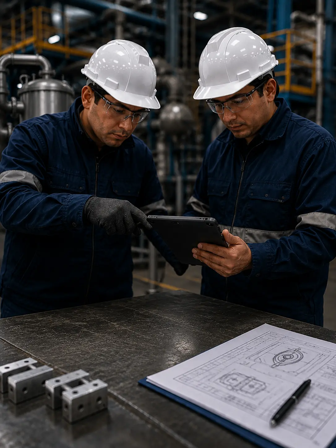 Especialistas industriales revisando informaci&oacute;n t&eacute;cnica en campo